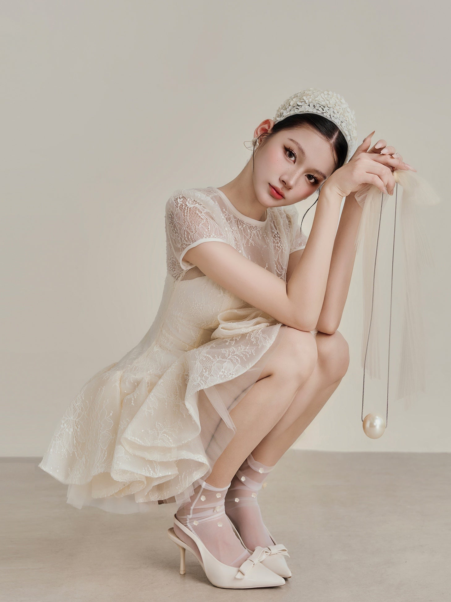 Kelly Sequin Lace Puffy Mini Dress in White Avalabel