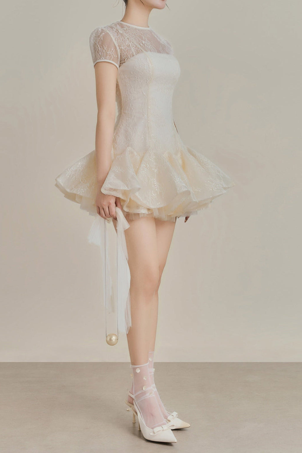 Kelly Sequin Lace Puffy Mini Dress in White Avalabel