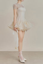 Kelly Sequin Lace Puffy Mini Dress in White Avalabel