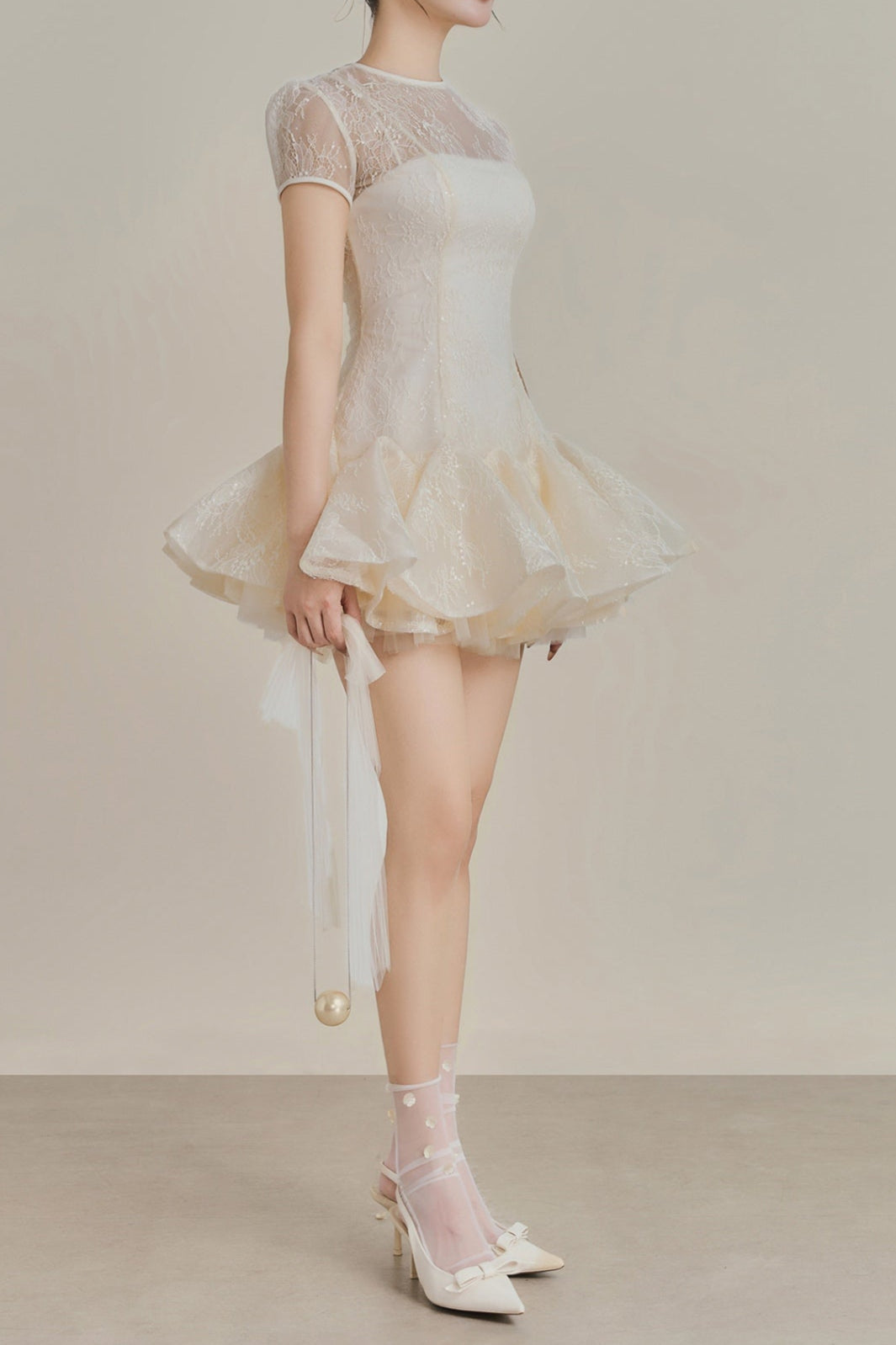Kelly Sequin Lace Puffy Mini Dress in White Avalabel