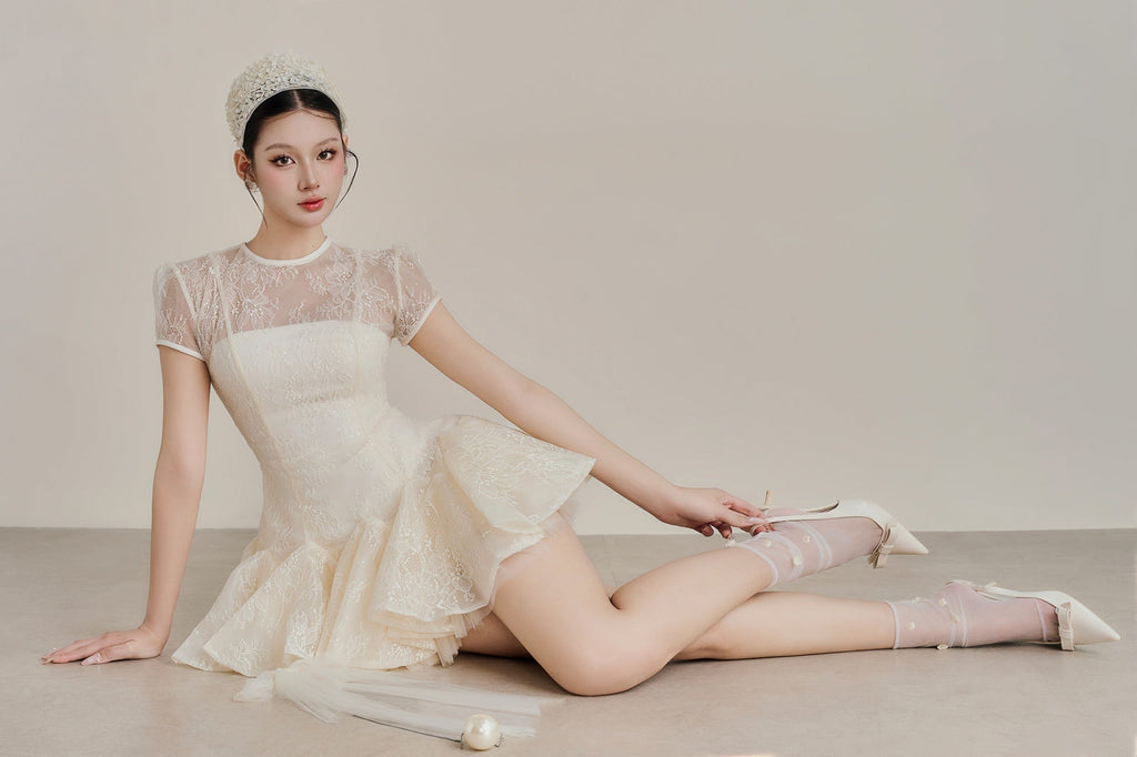 Kelly Sequin Lace Puffy Mini Dress in White Avalabel