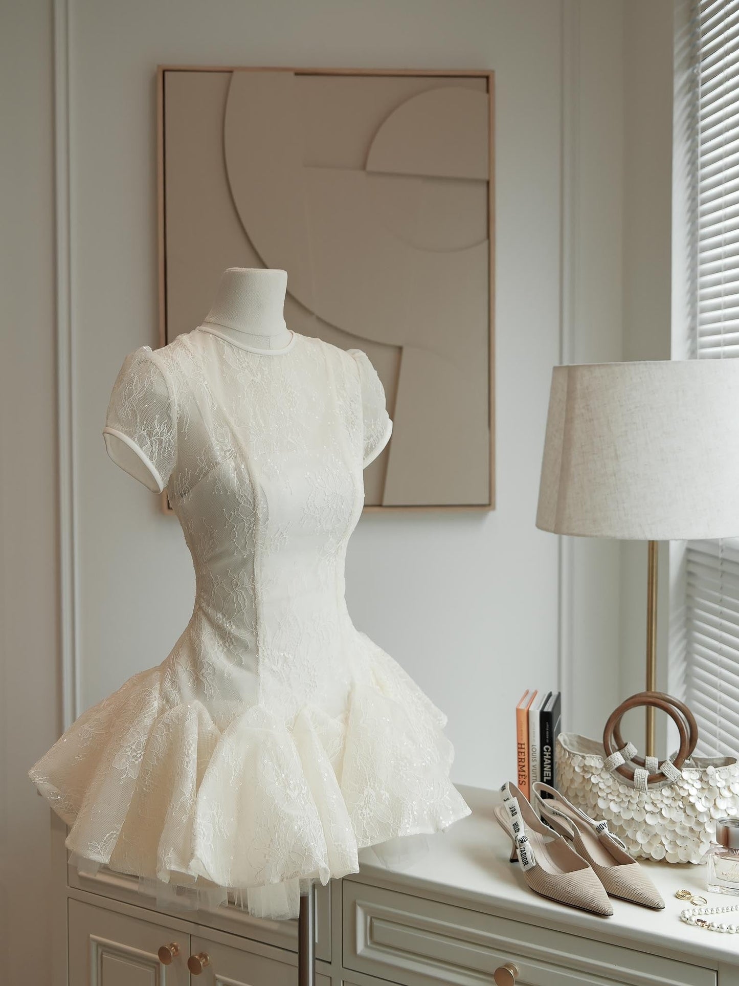 Kelly Sequin Lace Puffy Mini Dress in White