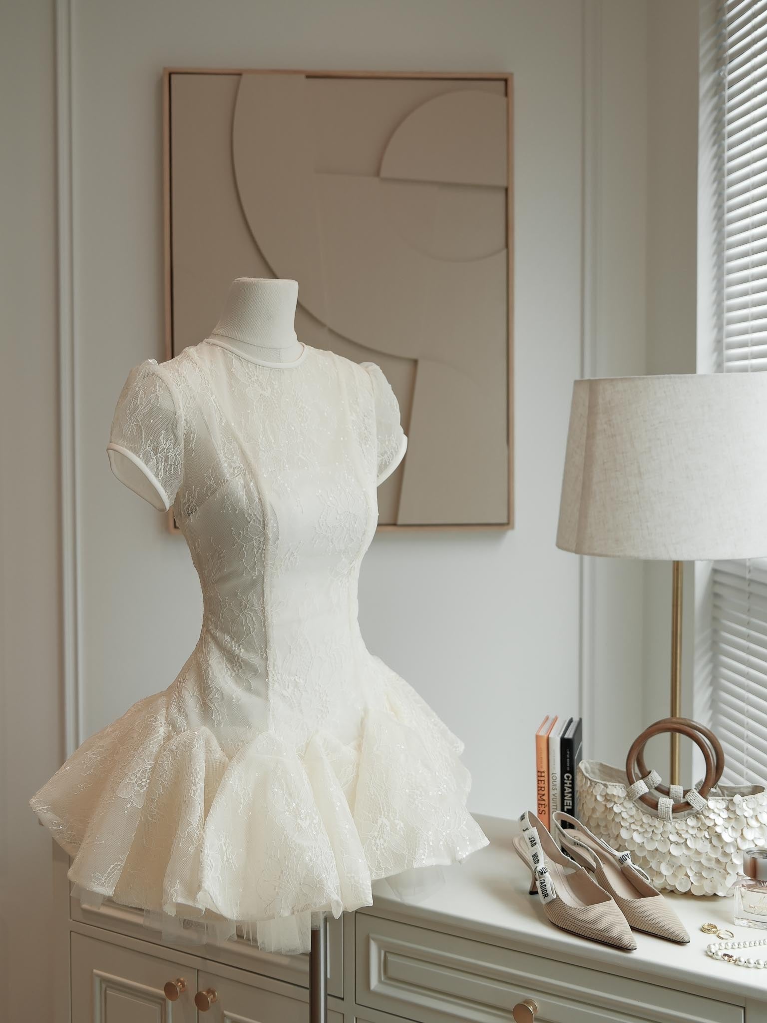 Kelly Sequin Lace Puffy Mini Dress in White Avalabel
