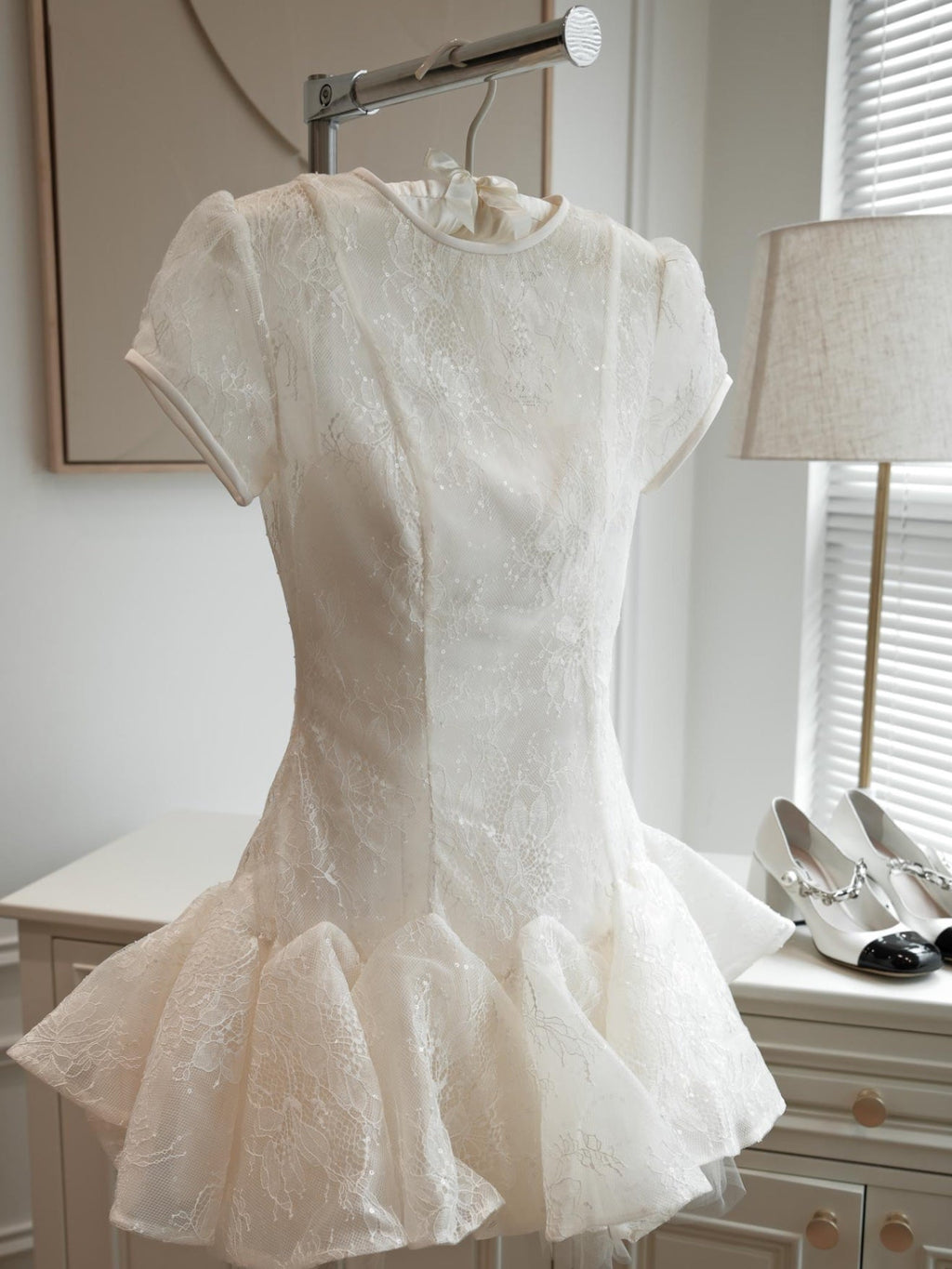 Kelly Sequin Lace Puffy Mini Dress in White Avalabel