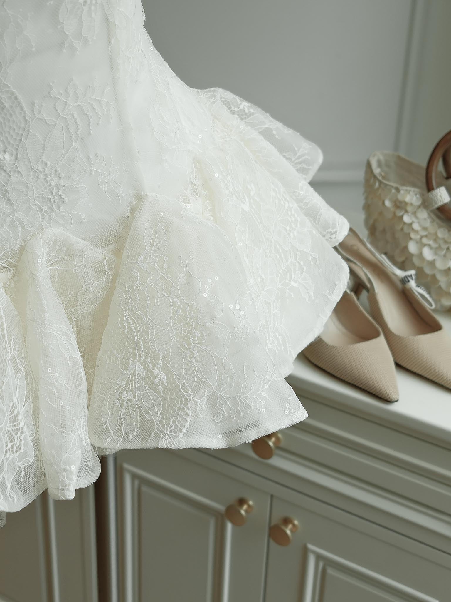 Kelly Sequin Lace Puffy Mini Dress in White Avalabel