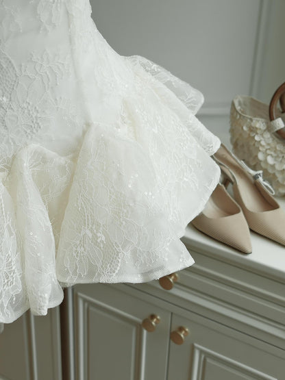 Kelly Sequin Lace Puffy Mini Dress in White