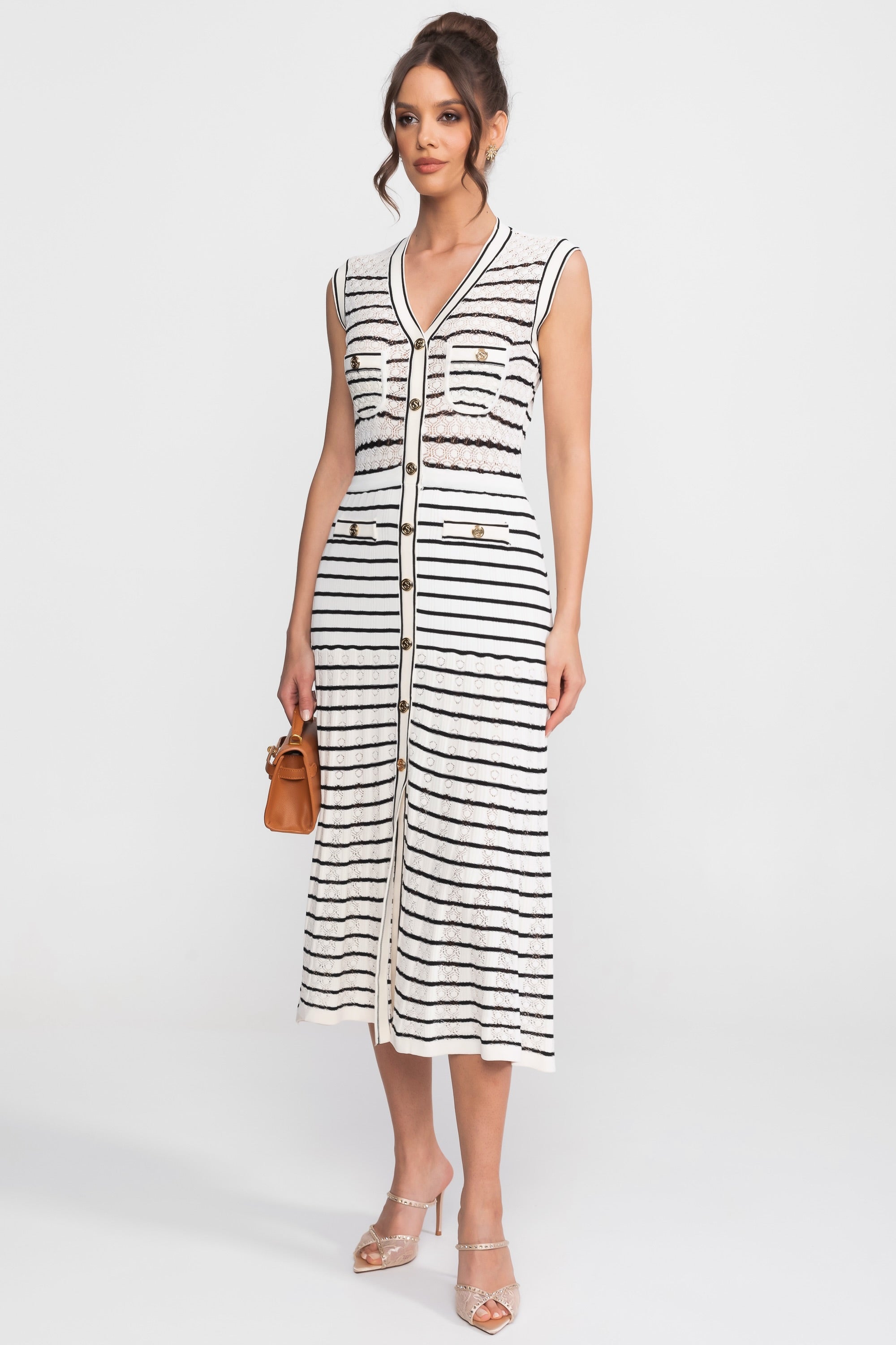 Striped Sleeveless Knit Midi Dress With V-Neck And Gold Buttons - White/Black Avalabel