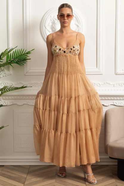 Helen Rhinestone Beading Pleated Maxi Dress -  Beige