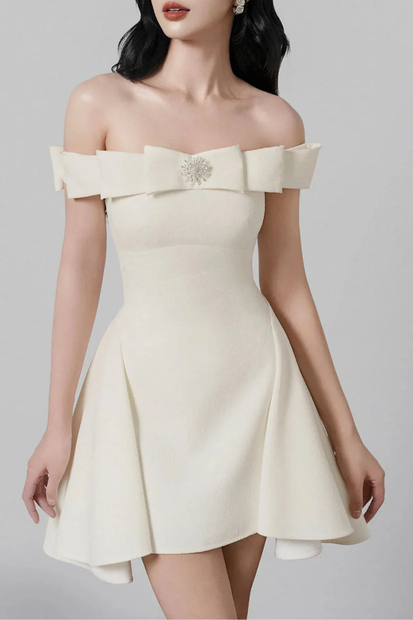 A-line Open Shoulder Tweed Mini Dress Avalabel