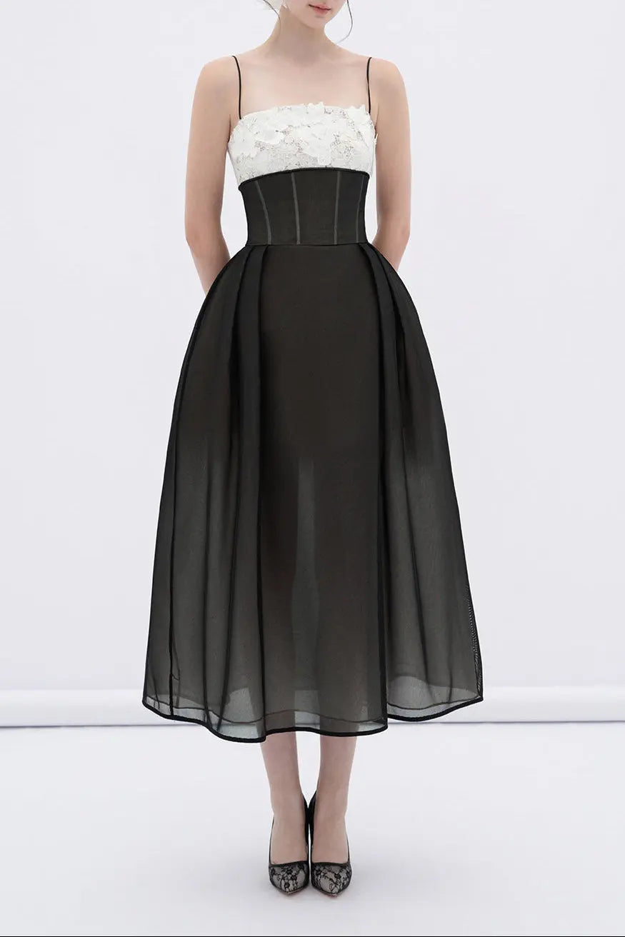 Vela A-line Corset Waist Mesh Midi Dress Avalabel