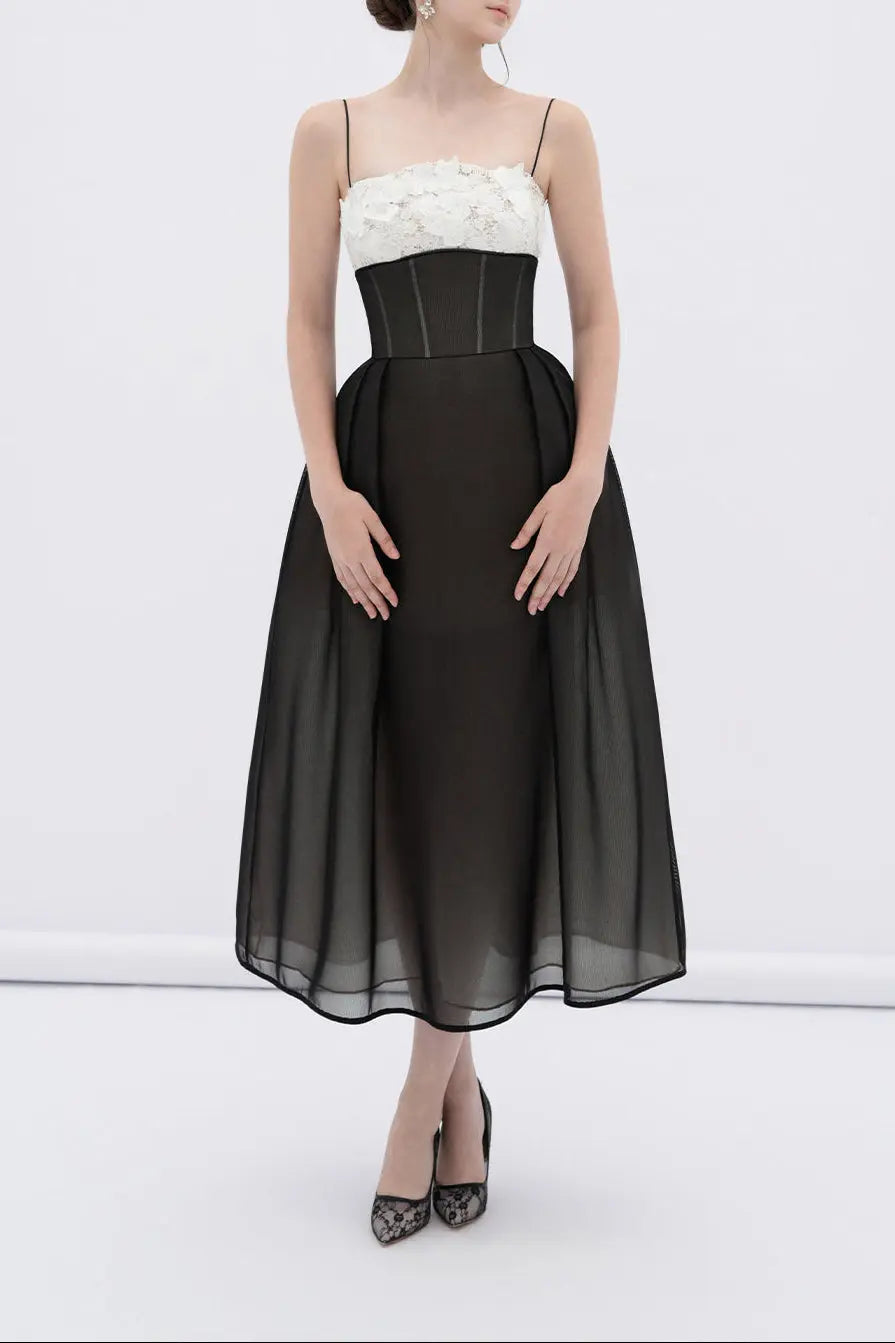 Vela A-line Corset Waist Mesh Midi Dress Avalabel
