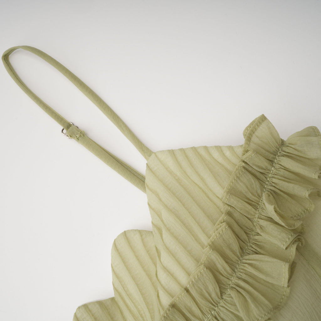 Matcha Ruffled Shirred Tulle Maxi Dress Avalabel