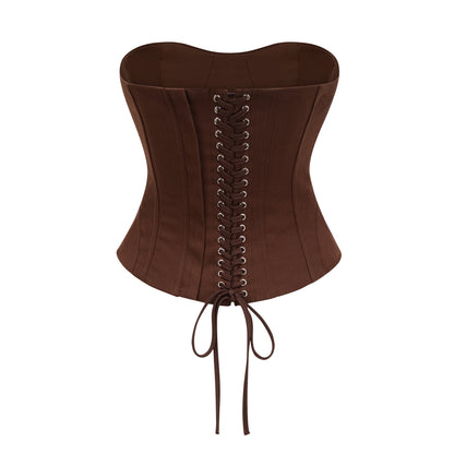 Strapless Wrap Lace-Up Back Brown Corset Top poava