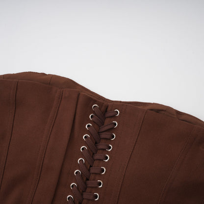 Strapless Wrap Lace-Up Back Brown Corset Top poava