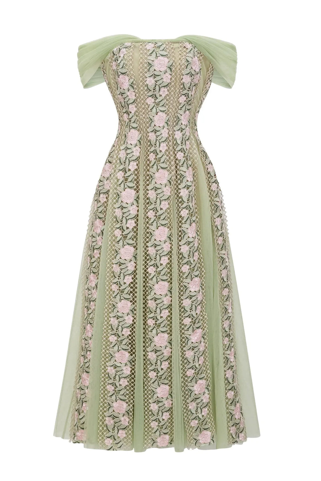 octavia Tulle Panel Floral Midi Dress in green Avalabel