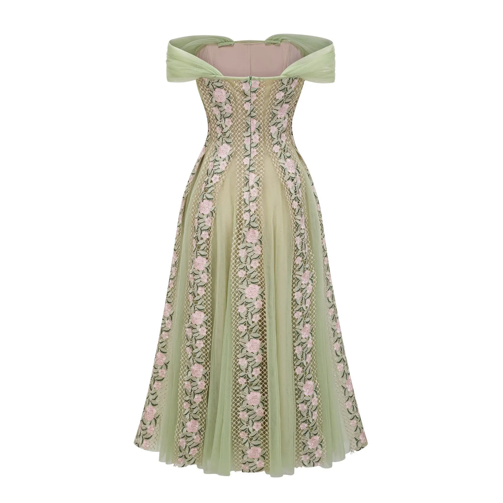 octavia Tulle Panel Floral Midi Dress in green Avalabel