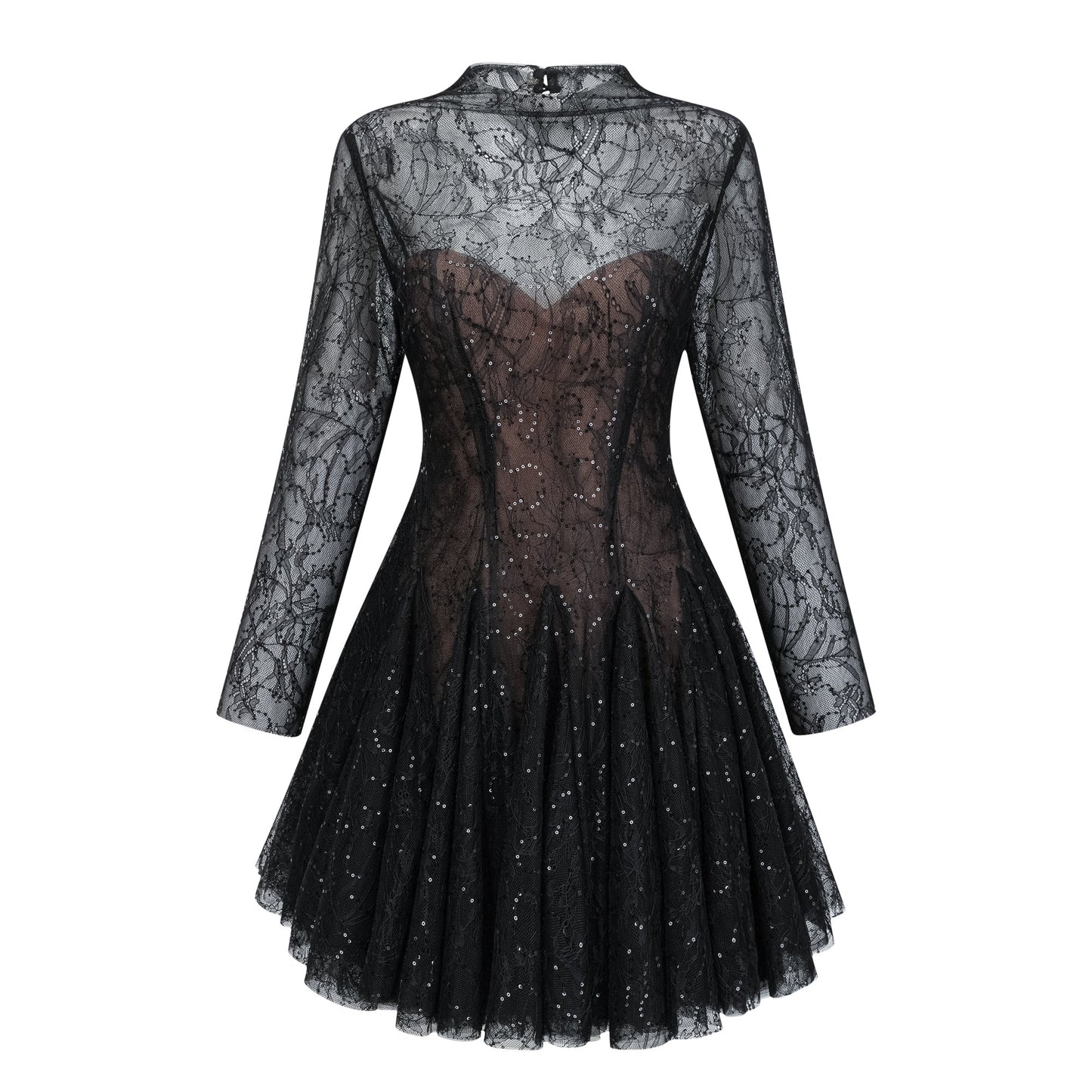 Black Sheer Lace High Neck Long Sleeve Tulle Mini Dress poava