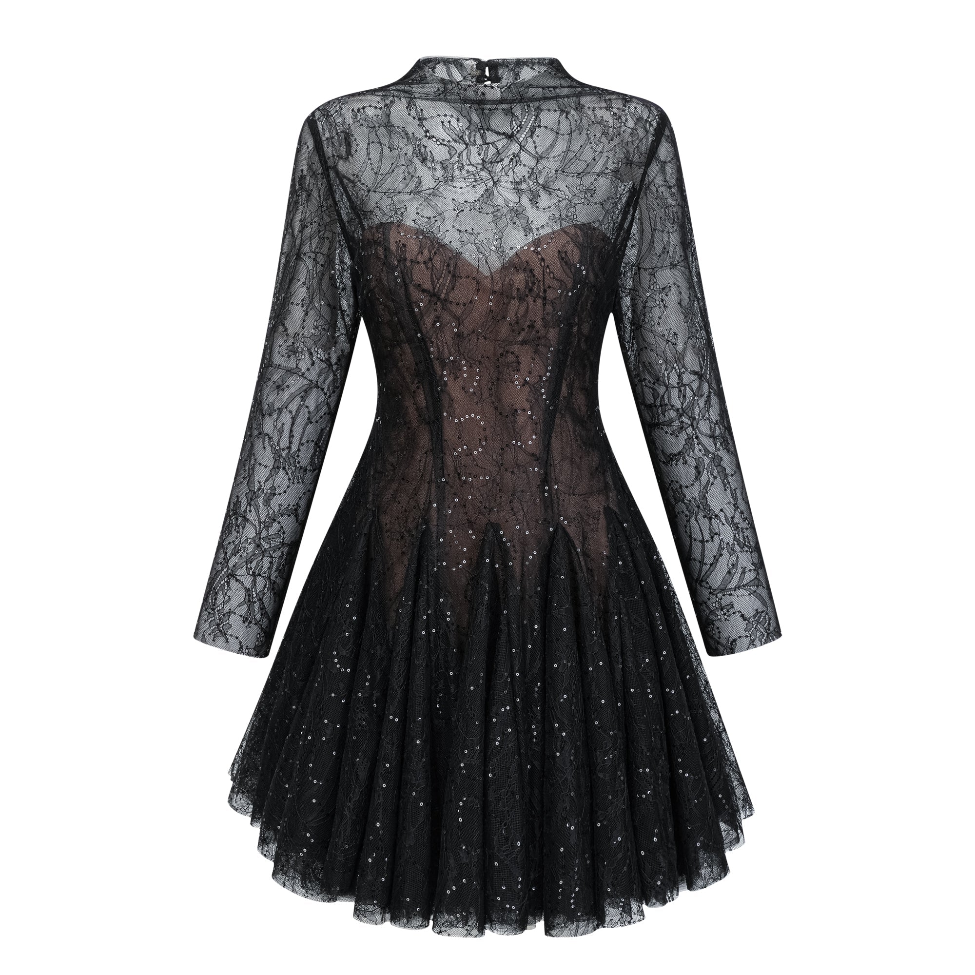 Black Sheer Lace High Neck Long Sleeve Tulle Mini Dress poava