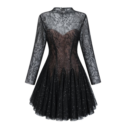 Black Sheer Lace High Neck Long Sleeve Tulle Mini Dress poava