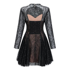 Black Sheer Lace High Neck Long Sleeve Tulle Mini Dress poava