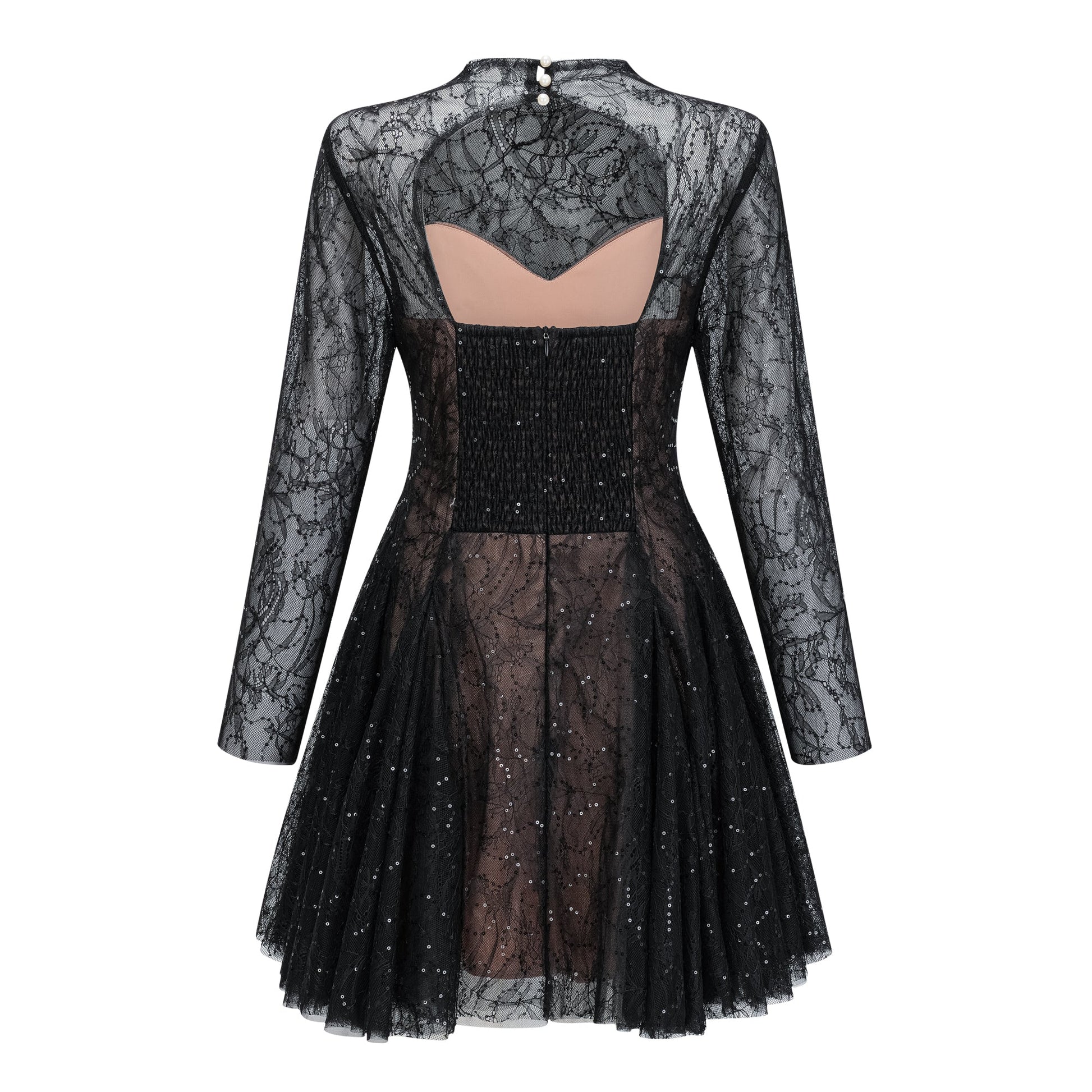 Black Sheer Lace High Neck Long Sleeve Tulle Mini Dress poava