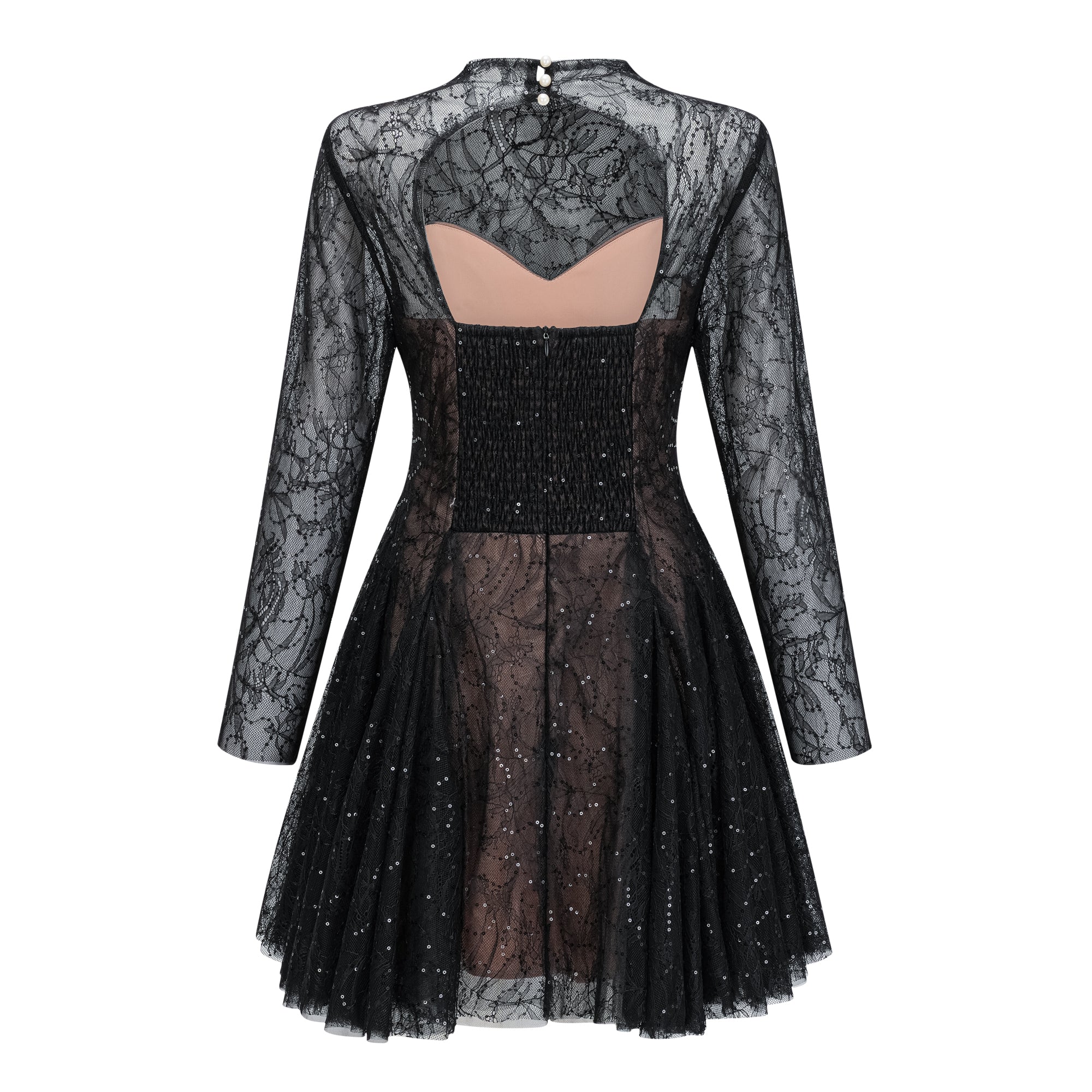 Black Sheer Lace High Neck Long Sleeve Tulle Mini Dress poava