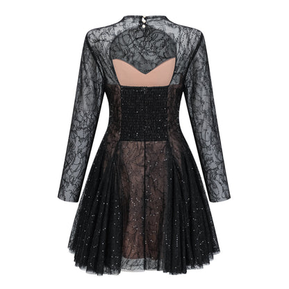 Black Sheer Lace High Neck Long Sleeve Tulle Mini Dress poava