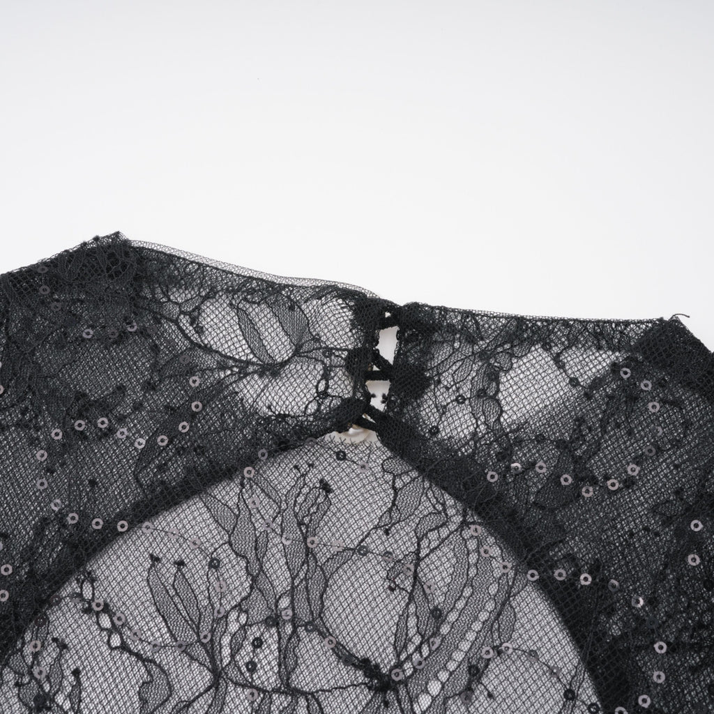 Black Sheer Lace High Neck Long Sleeve Tulle Mini Dress poava