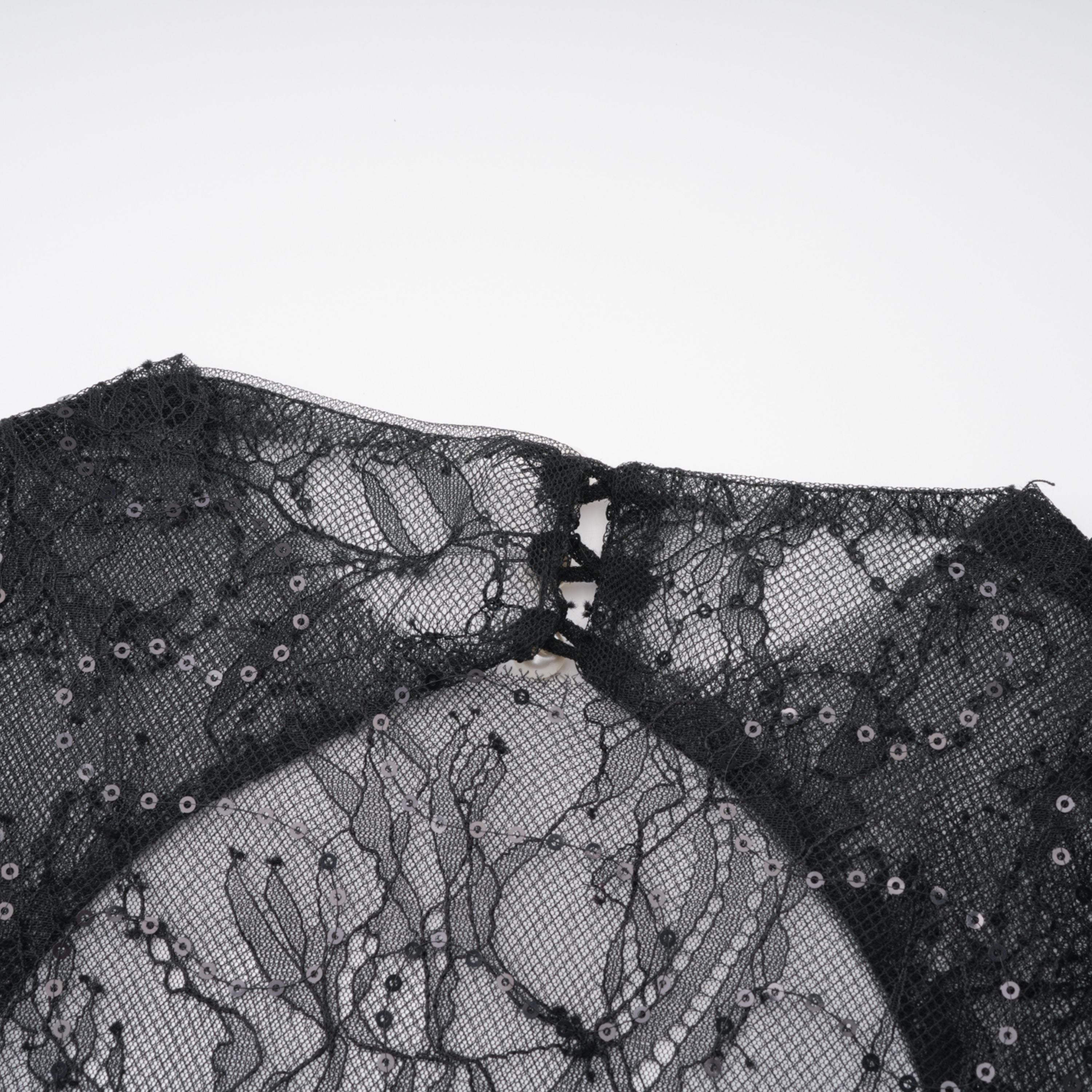 Black Sheer Lace High Neck Long Sleeve Tulle Mini Dress poava