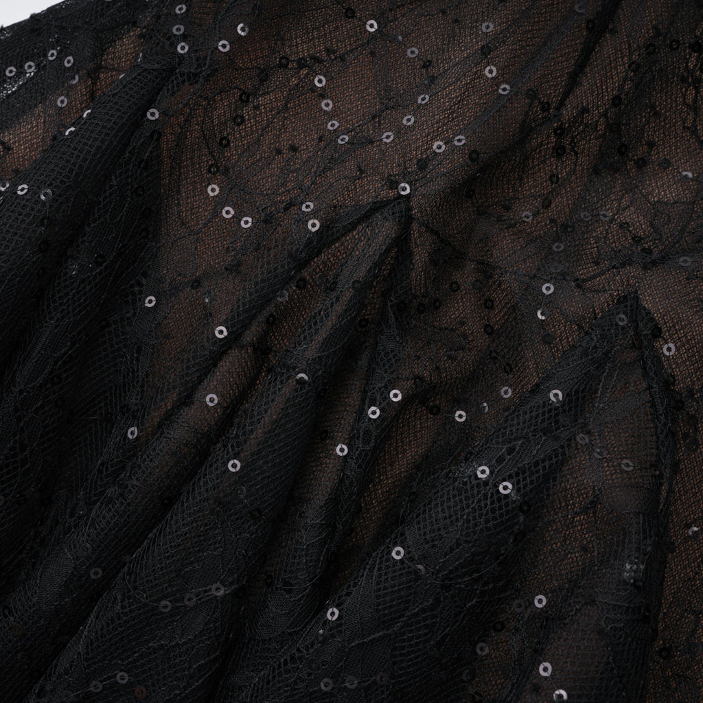 Black Sheer Lace High Neck Long Sleeve Tulle Mini Dress poava