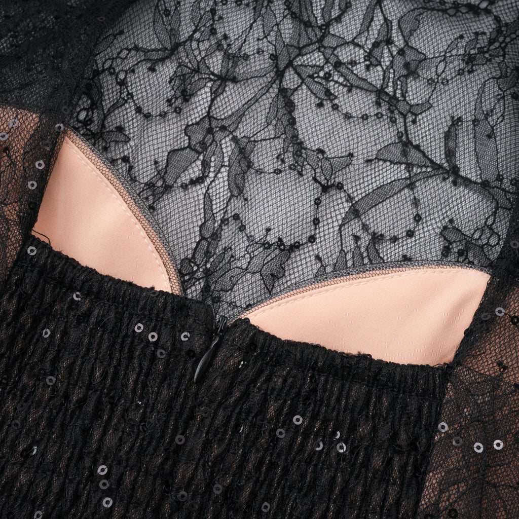 Black Sheer Lace High Neck Long Sleeve Tulle Mini Dress poava