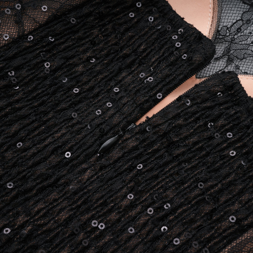 Black Sheer Lace High Neck Long Sleeve Tulle Mini Dress poava