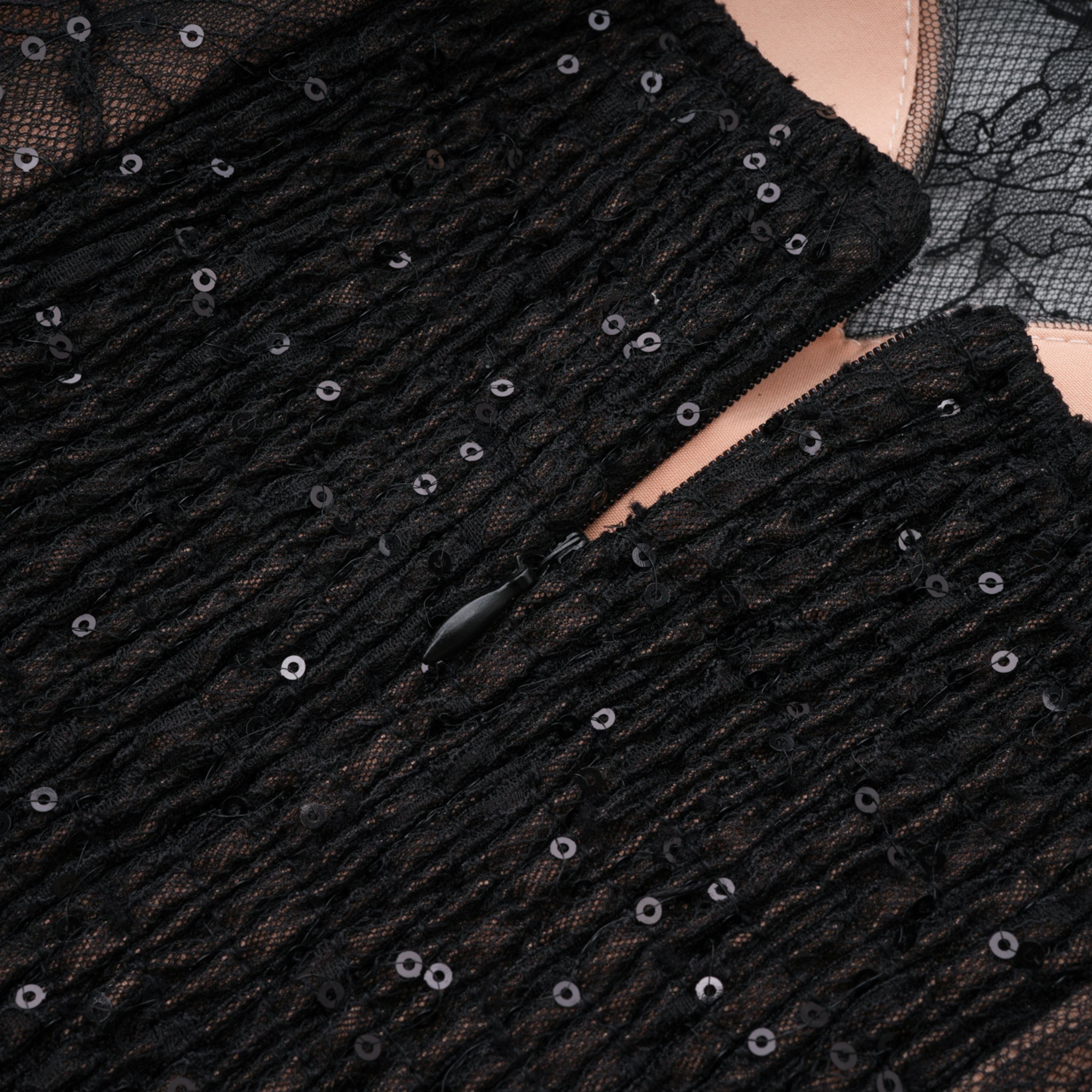 Black Sheer Lace High Neck Long Sleeve Tulle Mini Dress poava