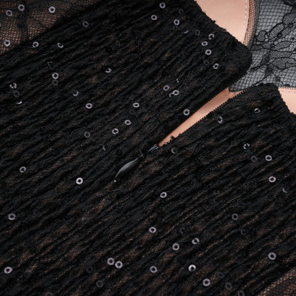 Black Sheer Lace High Neck Long Sleeve Tulle Mini Dress poava