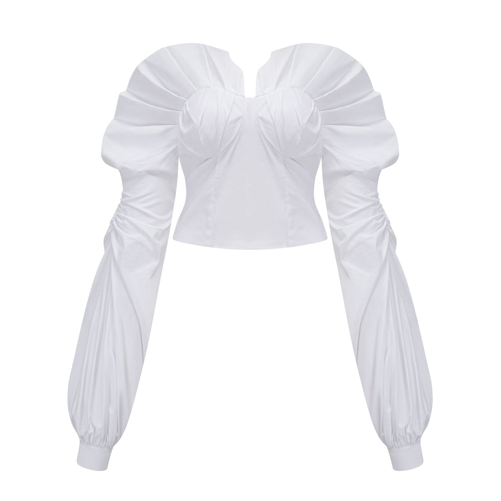 Tiffany White Off-Shoulder Ruched Blouse & Skirt Set Avalabel