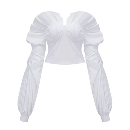 Tiffany White Off-Shoulder Ruched Blouse & Skirt Set Avalabel
