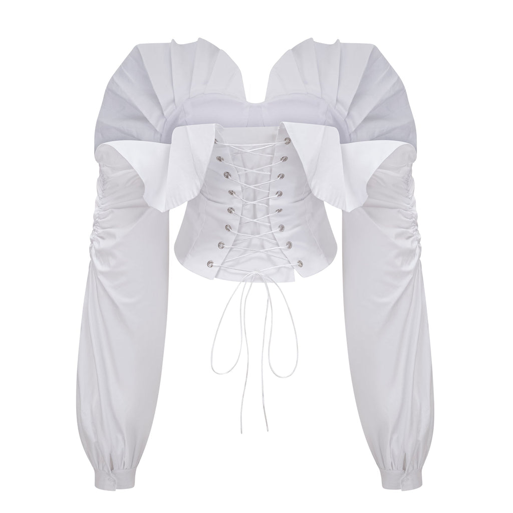 Tiffany White Off-Shoulder Ruched Blouse & Skirt Set Avalabel