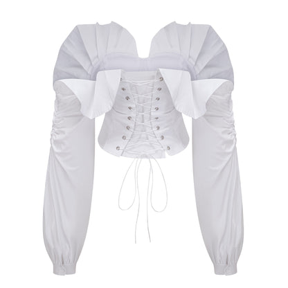Tiffany White Off-Shoulder Ruched Blouse & Skirt Set Avalabel