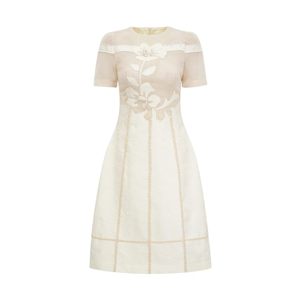 hermosa 3d floral embroidered hollow midi dress in apricot Avalabel