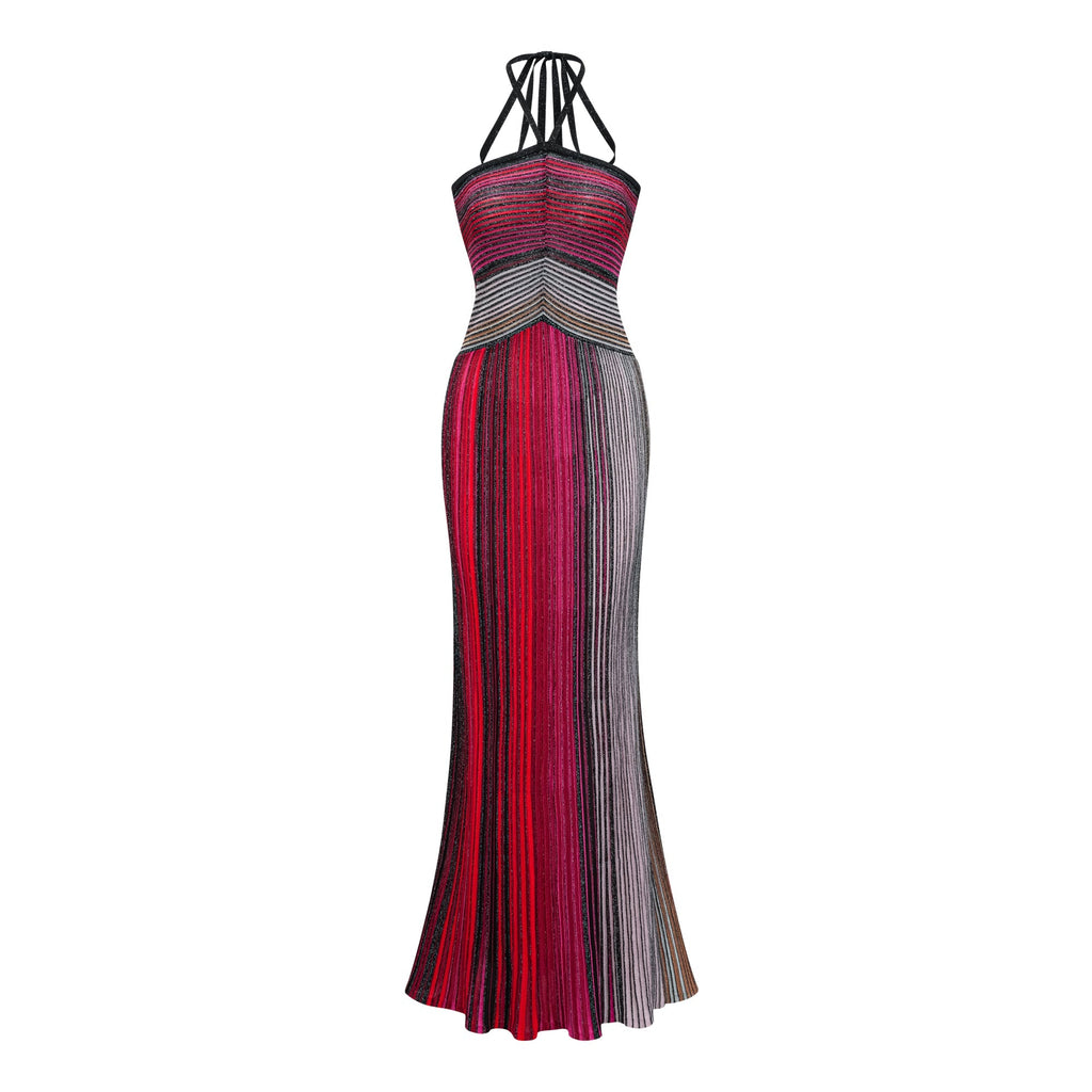 Ulysse Red Metallic Knit Halterneck Maxi Dress Avalabel