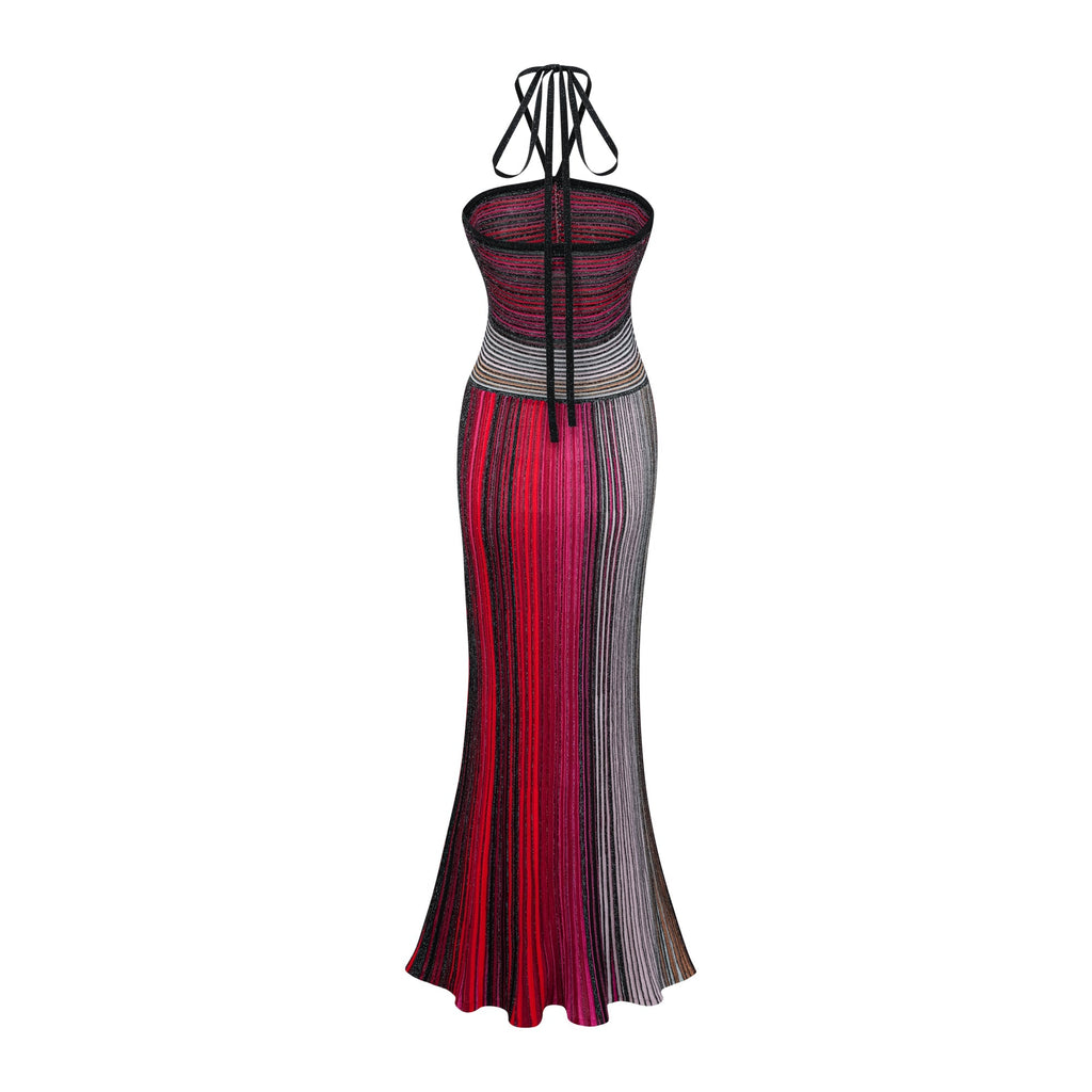 Ulysse Red Metallic Knit Halterneck Maxi Dress Avalabel