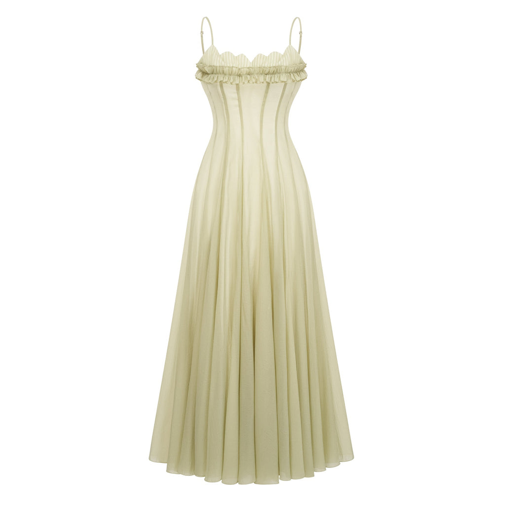 Matcha Ruffled Shirred Tulle Maxi Dress Avalabel