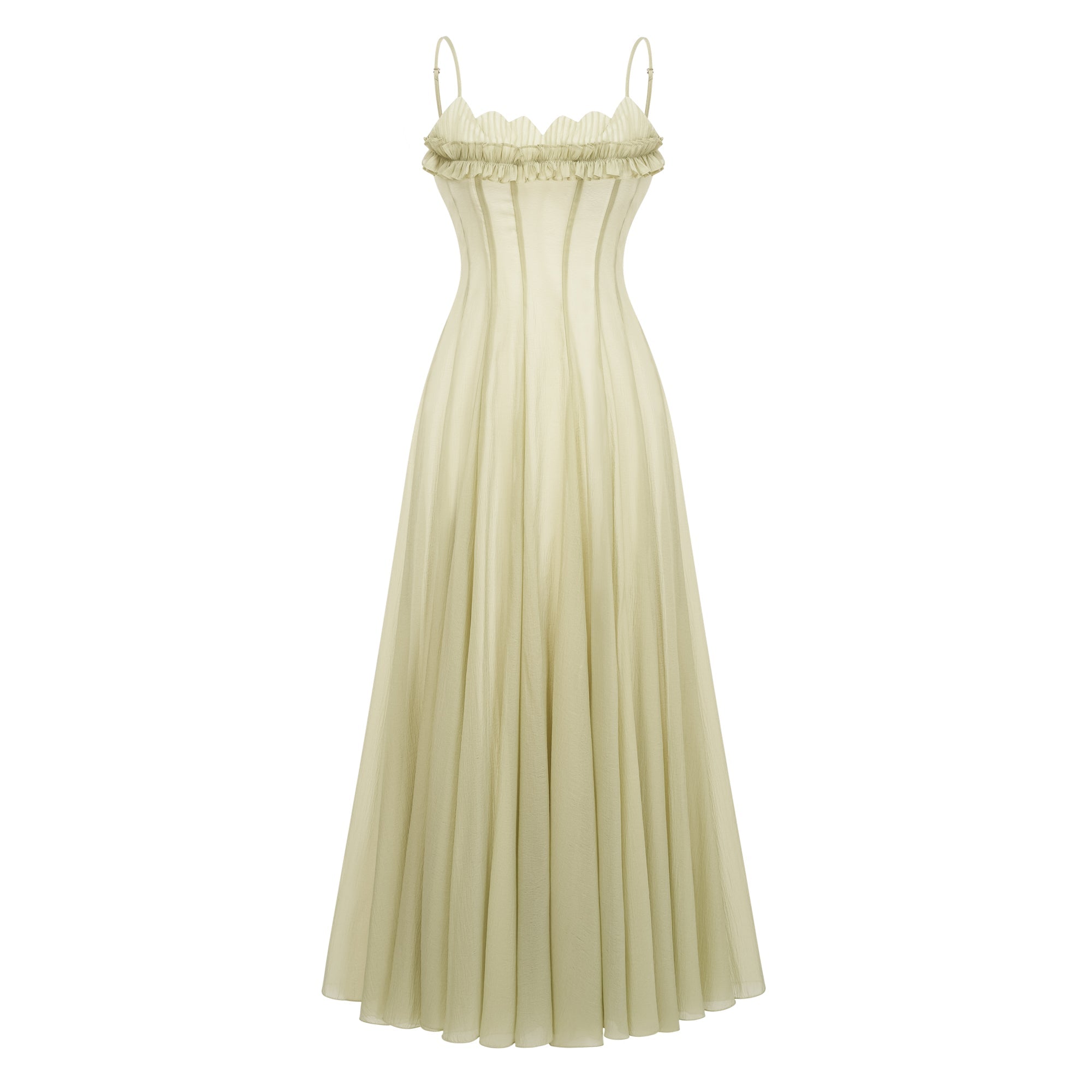 Matcha Ruffled Shirred Tulle Maxi Dress Avalabel