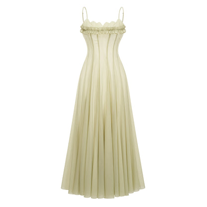 Matcha Ruffled Shirred Tulle Maxi Dress