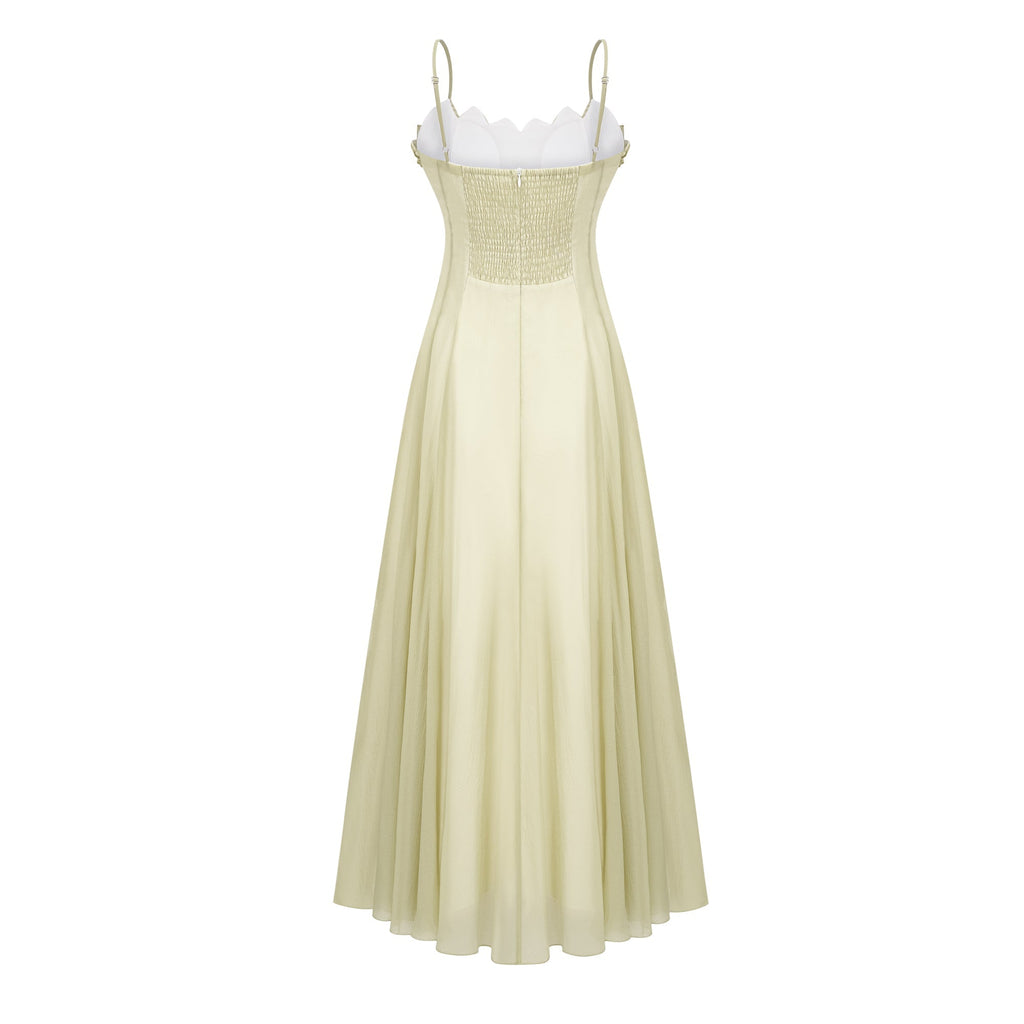 Matcha Ruffled Shirred Tulle Maxi Dress Avalabel
