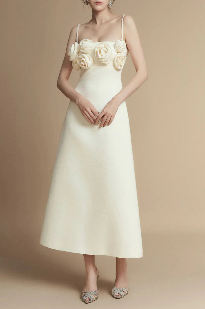 A-line Flower Applique Linen Rayon Midi Dress Avalabel