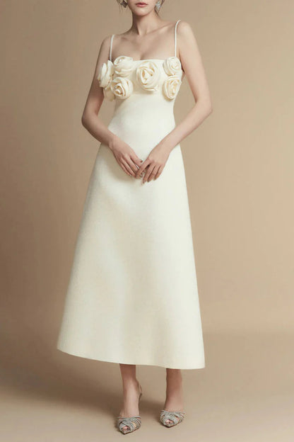 A-line Flower Applique Linen Rayon Midi Dress Avalabel