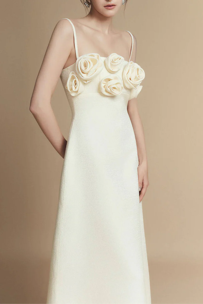 A-line Flower Applique Linen Rayon Midi Dress Avalabel