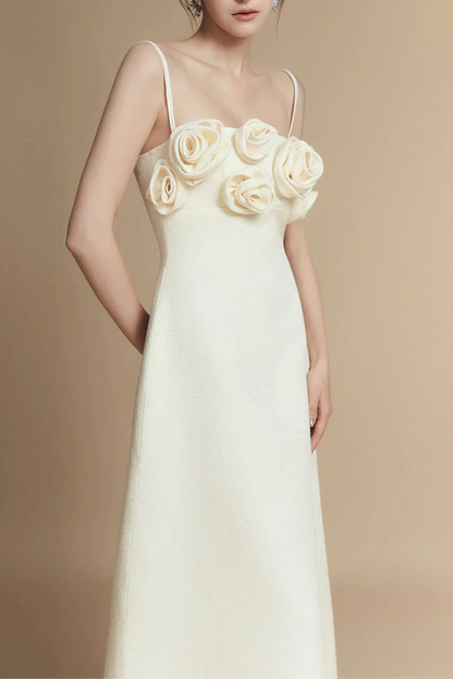 A-line Flower Applique Linen Rayon Midi Dress Avalabel