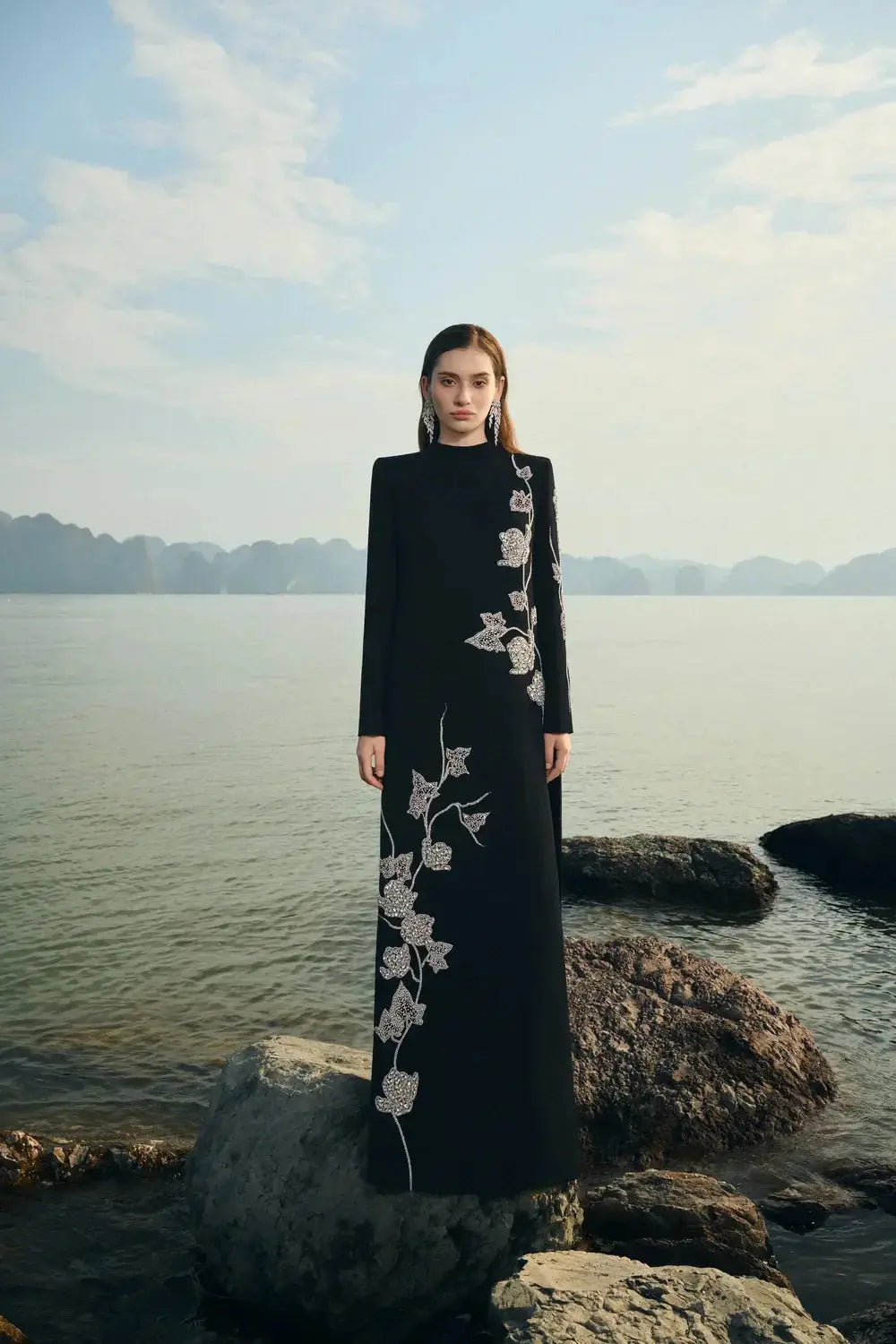 gloria High Neck Asymmetric Crystal Embellished maxi Dress in black Avalabel